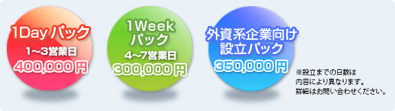 1Dayパック40万円　1Weekパック30万円　外資系企業向け設立パック35万円